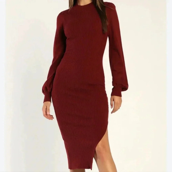 LULU'S ribbed knit puff balloon sleeves mock neck stretchy bodycon Midi Dress XL - Picture 2 of 12
